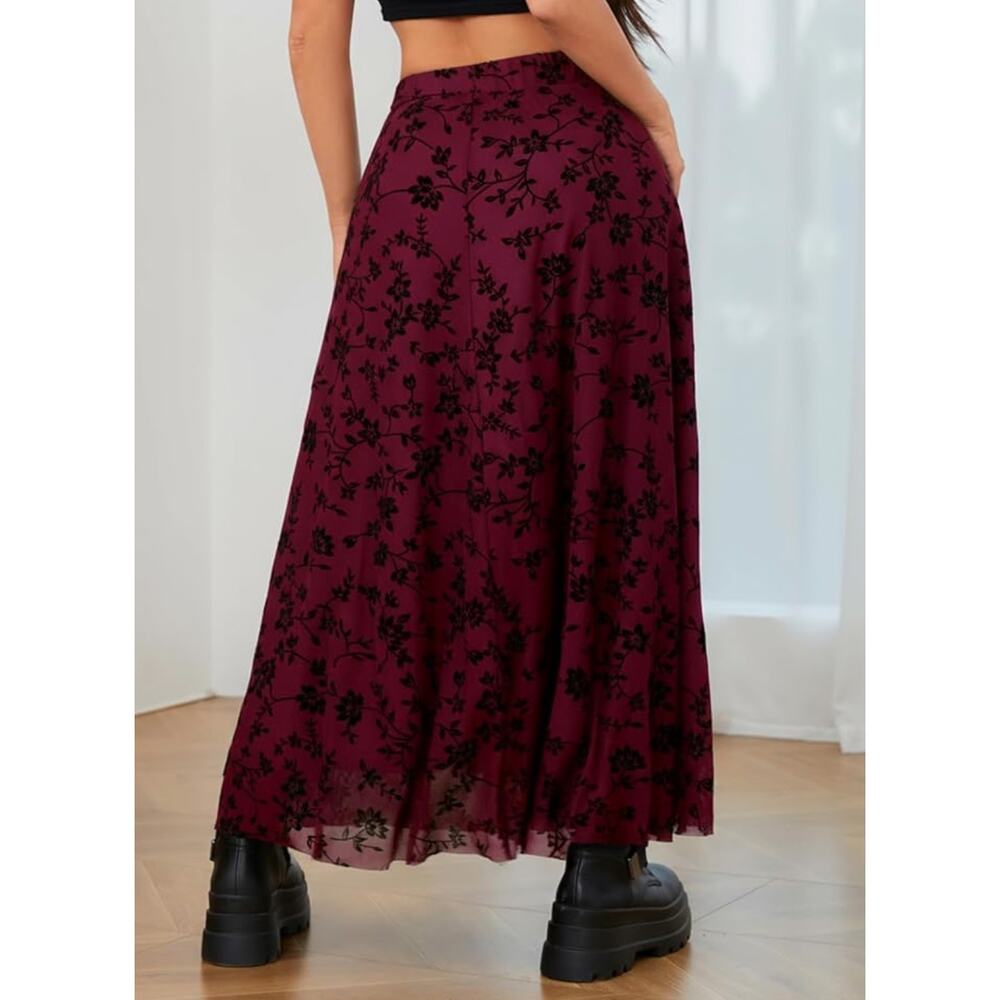 Goth Y2K Style Floral Mesh Deep Red Magenta Black Maxi Skirt Size Small